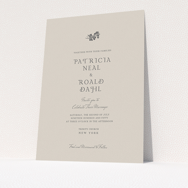 A personalised wedding invitation design called "Woodland dusk". It is an A5 invite in a portrait orientation. "Woodland dusk" is available as a flat invite, with mainly dark cream colouring.