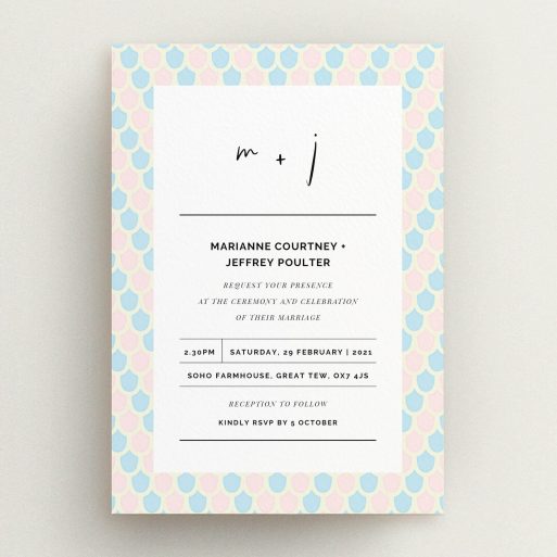 A personalised wedding invitation named "Worn Tiles". It is an A5 invite in a portrait orientation. "Worn Tiles" is available as a flat invite, with tones of pink, blue and cream.