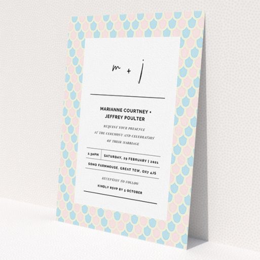 A personalised wedding invitation named 'Worn Tiles'. It is an A5 invite in a portrait orientation. 'Worn Tiles' is available as a flat invite, with tones of pink, blue and cream.