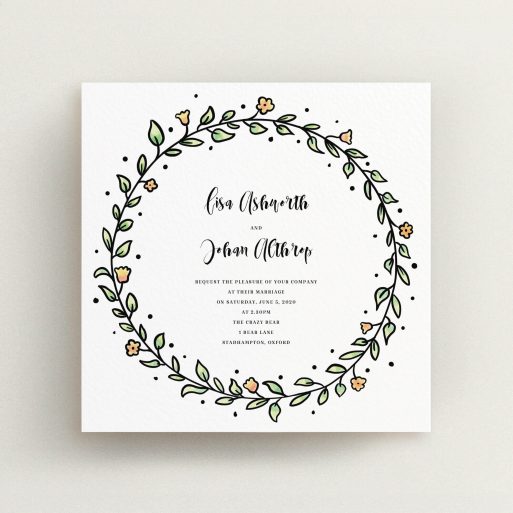 A personalised wedding invitation named "Wreath Outline". It is a square (148mm x 148mm) invite in a square orientation. "Wreath Outline" is available as a flat invite, with tones of light green and orange.