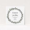 A personalised wedding invitation named "Wreath Outline". It is a square (148mm x 148mm) invite in a square orientation. "Wreath Outline" is available as a flat invite, with tones of light green and orange.