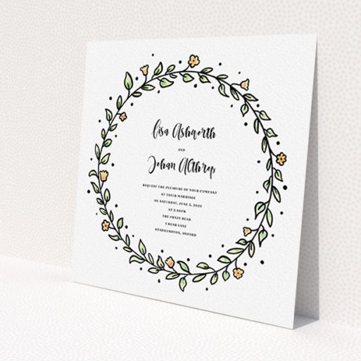 A personalised wedding invitation named 'Wreath Outline'. It is a square (148mm x 148mm) invite in a square orientation. 'Wreath Outline' is available as a flat invite, with tones of light green and orange.