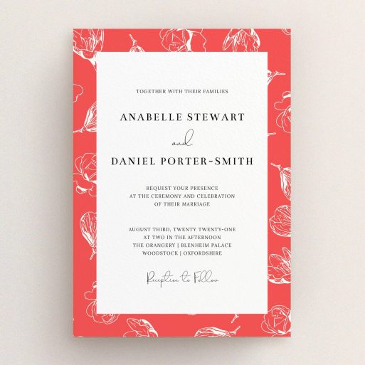 A personalised wedding invitation called "Young Bloom". It is an A5 invite in a portrait orientation. "Young Bloom" is available as a flat invite, with tones of red and white.