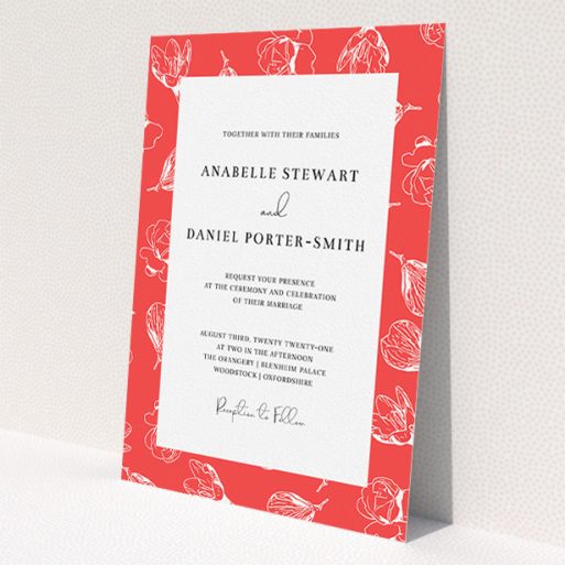 A personalised wedding invitation called 'Young Bloom'. It is an A5 invite in a portrait orientation. 'Young Bloom' is available as a flat invite, with tones of red and white.