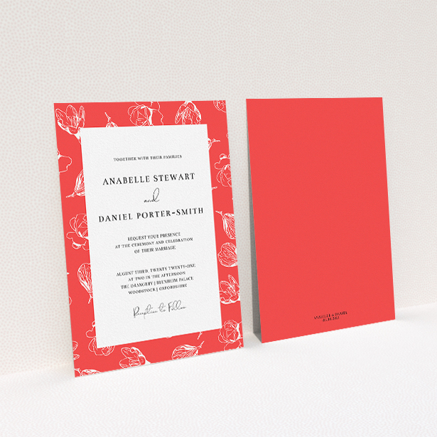 A personalised wedding invitation called "Young Bloom". It is an A5 invite in a portrait orientation. "Young Bloom" is available as a flat invite, with tones of red and white.