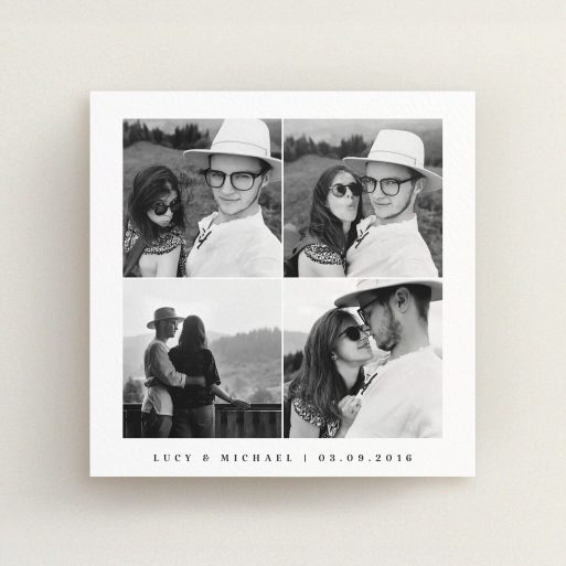 A personalised wedding invite design named "4 Quarters Classic". It is a square (148mm x 148mm) invite in a square orientation. It is a photographic personalised wedding invite with room for 4 photos. "4 Quarters Classic" is available as a flat invite, with mainly white colouring.