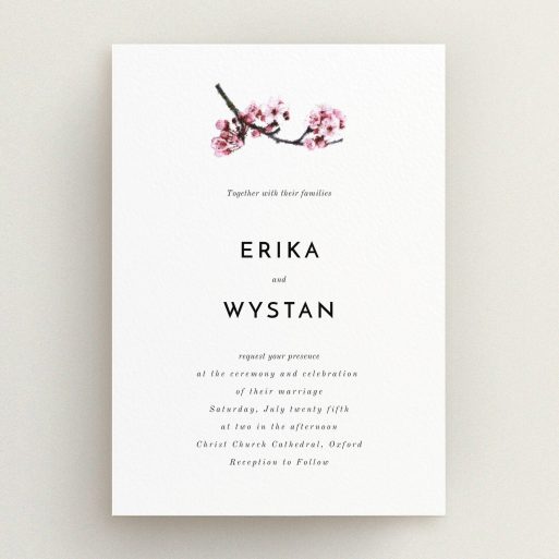A personalised wedding invite design named "A side of Blossom". It is an A5 invite in a portrait orientation. "A side of Blossom" is available as a flat invite, with mainly white colouring.