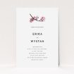 A personalised wedding invite design named "A side of Blossom". It is an A5 invite in a portrait orientation. "A side of Blossom" is available as a flat invite, with mainly white colouring.