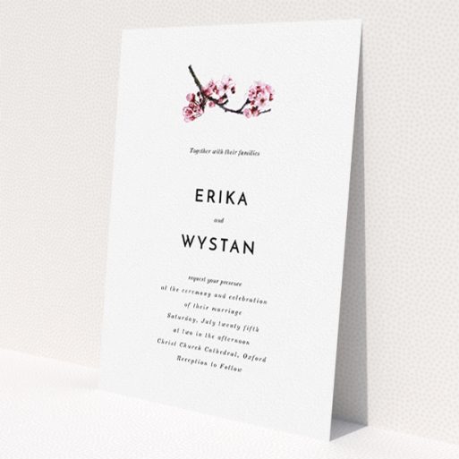A personalised wedding invite design named 'A side of Blossom'. It is an A5 invite in a portrait orientation. 'A side of Blossom' is available as a flat invite, with mainly white colouring.