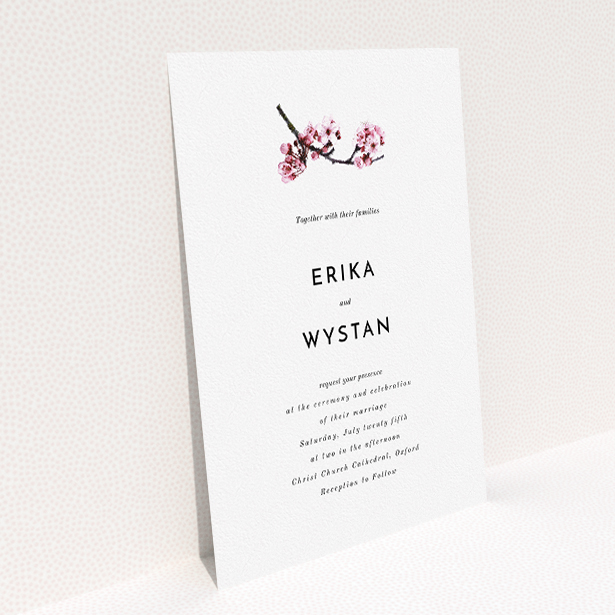 A personalised wedding invite design named "A side of Blossom". It is an A5 invite in a portrait orientation. "A side of Blossom" is available as a flat invite, with mainly white colouring.