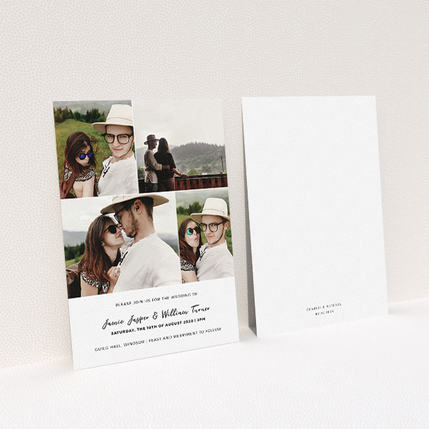A personalised wedding invite design titled "All on top". It is an A5 invite in a portrait orientation. It is a photographic personalised wedding invite with room for 4 photos. "All on top" is available as a flat invite, with mainly white colouring.