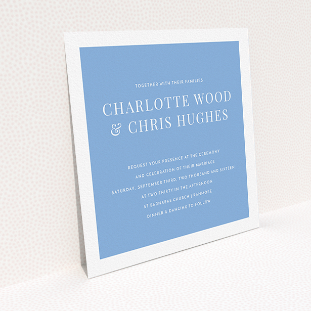 A personalised wedding invite called "As it is". It is a square (148mm x 148mm) invite in a square orientation. "As it is" is available as a flat invite, with tones of blue and white.