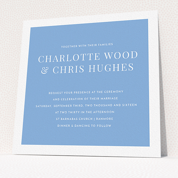 A personalised wedding invite called "As it is". It is a square (148mm x 148mm) invite in a square orientation. "As it is" is available as a flat invite, with tones of blue and white.