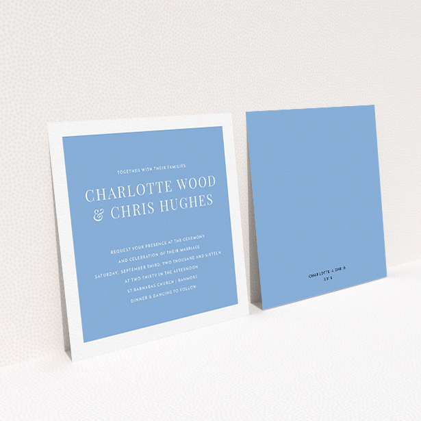 A personalised wedding invite called "As it is". It is a square (148mm x 148mm) invite in a square orientation. "As it is" is available as a flat invite, with tones of blue and white.
