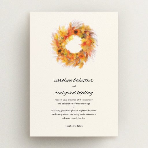 A personalised wedding invite design named "Autumn wreath ". It is an A5 invite in a portrait orientation. "Autumn wreath " is available as a flat invite, with tones of orange and cream.