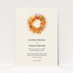A personalised wedding invite design named "Autumn wreath ". It is an A5 invite in a portrait orientation. "Autumn wreath " is available as a flat invite, with tones of orange and cream.