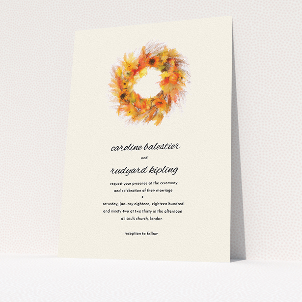 A personalised wedding invite design named "Autumn wreath ". It is an A5 invite in a portrait orientation. "Autumn wreath " is available as a flat invite, with tones of orange and cream.
