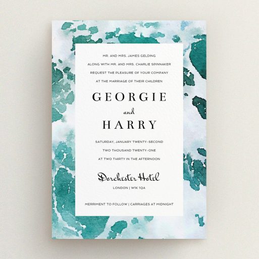 A personalised wedding invite design titled "Awash". It is an A5 invite in a portrait orientation. "Awash" is available as a flat invite, with tones of green, blue and light blue.