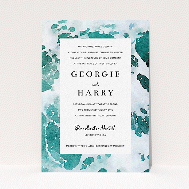 A personalised wedding invite design titled "Awash". It is an A5 invite in a portrait orientation. "Awash" is available as a flat invite, with tones of green, blue and light blue.
