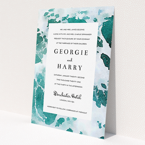 A personalised wedding invite design titled 'Awash'. It is an A5 invite in a portrait orientation. 'Awash' is available as a flat invite, with tones of green, blue and light blue.