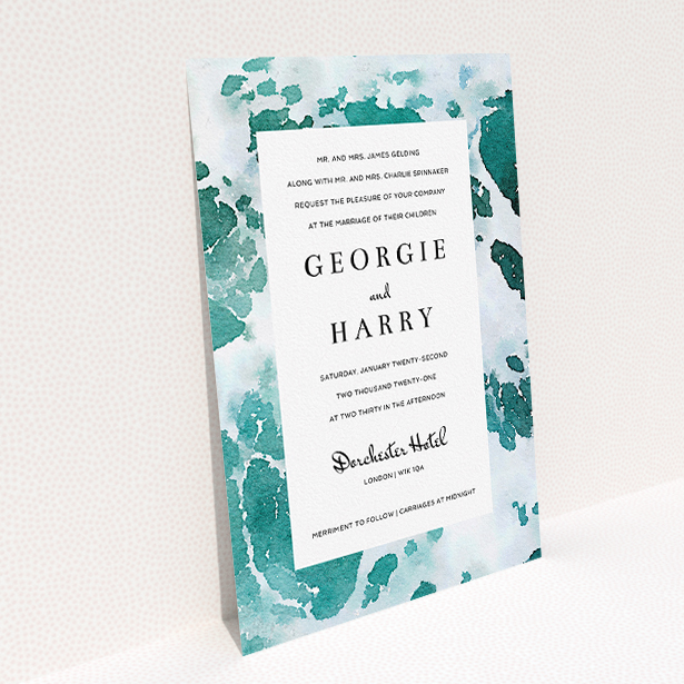 A personalised wedding invite design titled "Awash". It is an A5 invite in a portrait orientation. "Awash" is available as a flat invite, with tones of green, blue and light blue.