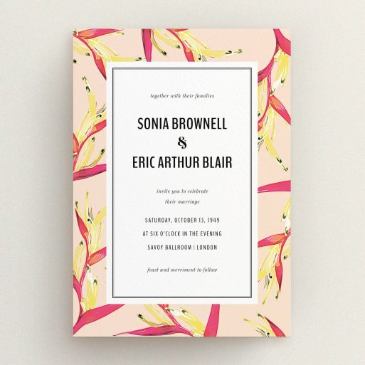 A personalised wedding invite called "Birds of paradise". It is an A5 invite in a portrait orientation. "Birds of paradise" is available as a flat invite, with tones of peach and deep pink.