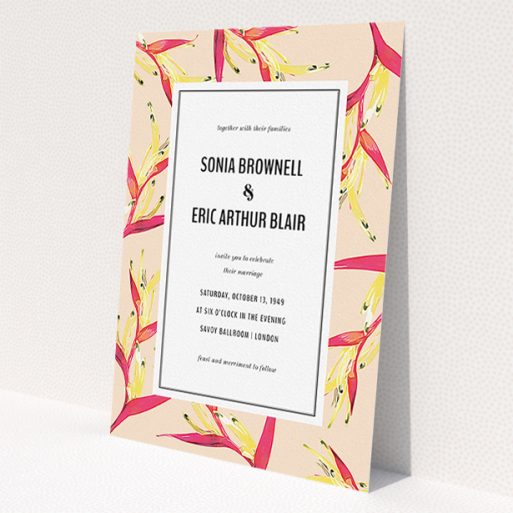 A personalised wedding invite called 'Birds of paradise'. It is an A5 invite in a portrait orientation. 'Birds of paradise' is available as a flat invite, with tones of peach and deep pink.