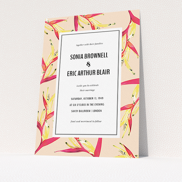 A personalised wedding invite called "Birds of paradise". It is an A5 invite in a portrait orientation. "Birds of paradise" is available as a flat invite, with tones of peach and deep pink.