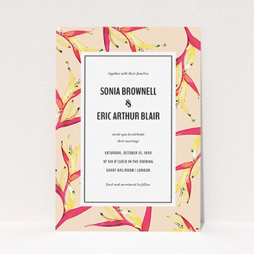 A personalised wedding invite called "Birds of paradise". It is an A6 invite in a portrait orientation. "Birds of paradise" is available as a flat invite, with tones of peach and deep pink.