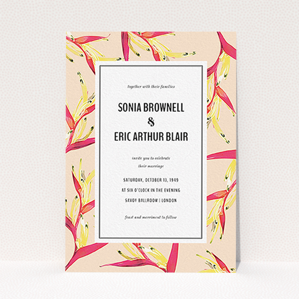 A personalised wedding invite called "Birds of paradise". It is an A6 invite in a portrait orientation. "Birds of paradise" is available as a flat invite, with tones of peach and deep pink.