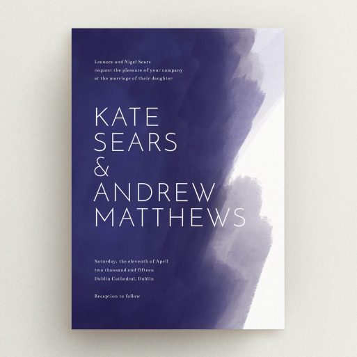 A personalised wedding invite design titled "Blue and Cream". It is an A5 invite in a portrait orientation. "Blue and Cream" is available as a flat invite, with tones of blue and white.