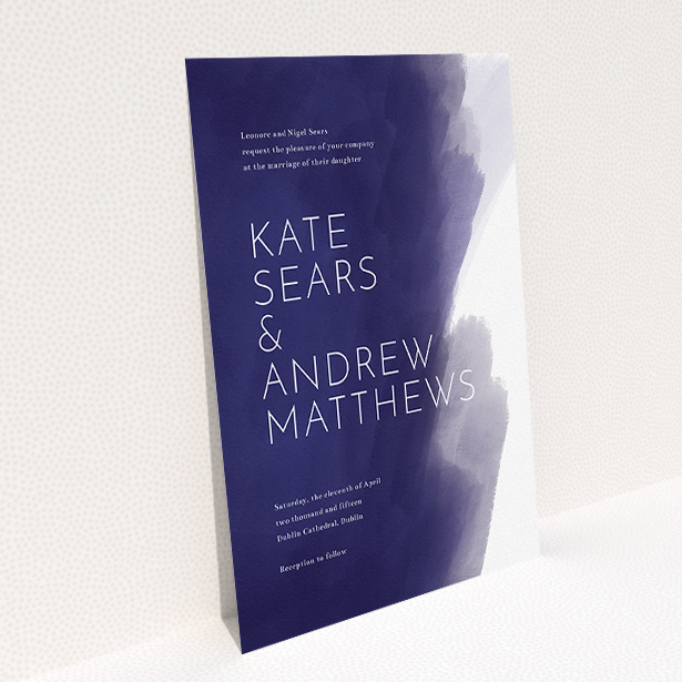 A personalised wedding invite design titled "Blue and Cream". It is an A5 invite in a portrait orientation. "Blue and Cream" is available as a flat invite, with tones of blue and white.