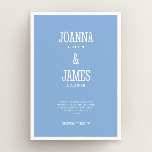 A personalised wedding invite design called "Bold border". It is an A5 invite in a portrait orientation. "Bold border" is available as a flat invite, with tones of blue and white.