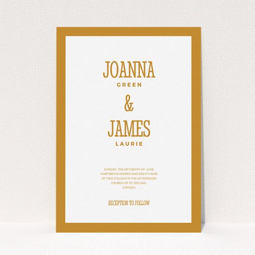 A personalised wedding invite template titled "Bold border". It is an A5 invite in a portrait orientation. "Bold border" is available as a flat invite, with tones of orange and white.