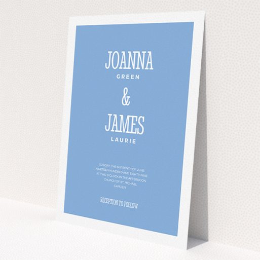 A personalised wedding invite design called 'Bold border'. It is an A5 invite in a portrait orientation. 'Bold border' is available as a flat invite, with tones of blue and white.