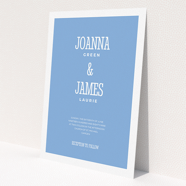 A personalised wedding invite design called "Bold border". It is an A5 invite in a portrait orientation. "Bold border" is available as a flat invite, with tones of blue and white.