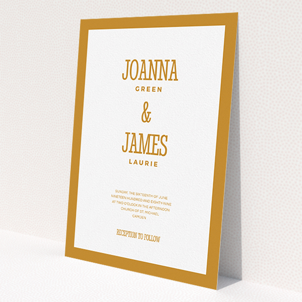 A personalised wedding invite template titled "Bold border". It is an A5 invite in a portrait orientation. "Bold border" is available as a flat invite, with tones of orange and white.