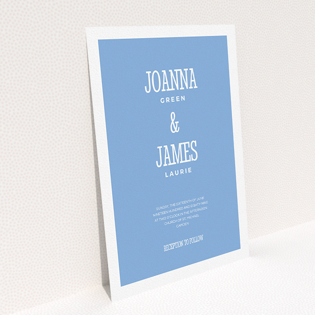 A personalised wedding invite design called "Bold border". It is an A5 invite in a portrait orientation. "Bold border" is available as a flat invite, with tones of blue and white.