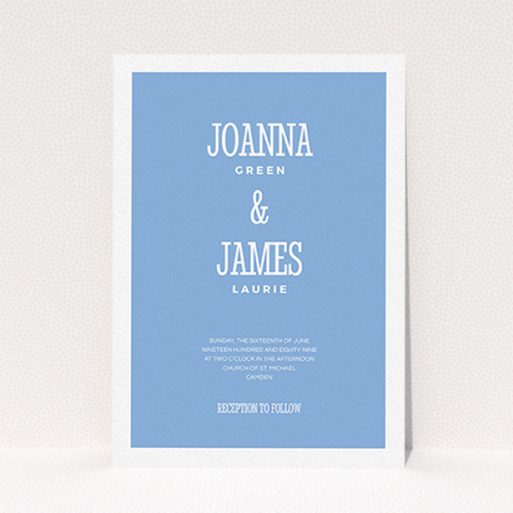 A personalised wedding invite design named "Bold border". It is an A6 invite in a portrait orientation. "Bold border" is available as a flat invite, with tones of blue and white.