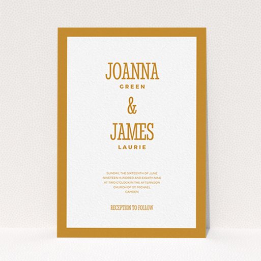 A personalised wedding invite called "Bold border". It is an A6 invite in a portrait orientation. "Bold border" is available as a flat invite, with tones of orange and white.