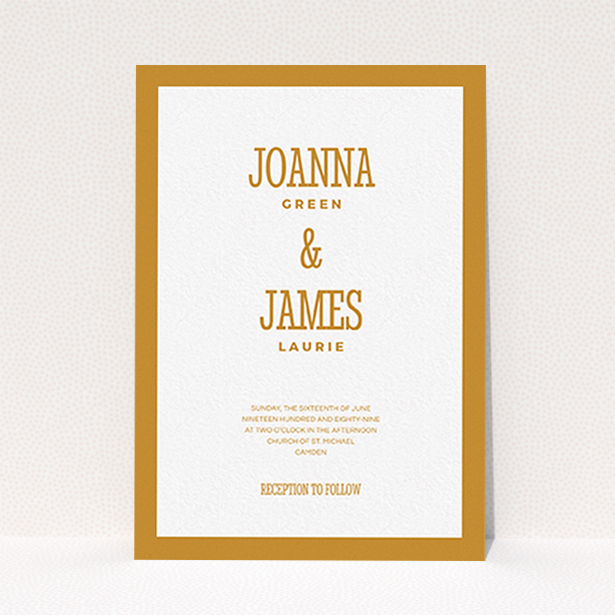 A personalised wedding invite called "Bold border". It is an A6 invite in a portrait orientation. "Bold border" is available as a flat invite, with tones of orange and white.