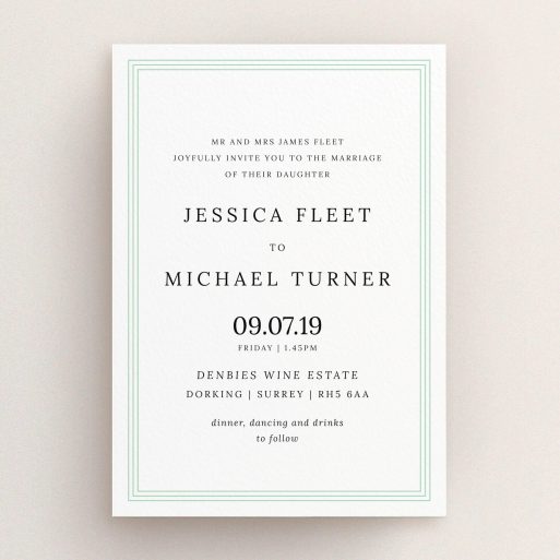 A personalised wedding invite template titled "Border in Three". It is an A5 invite in a portrait orientation. "Border in Three" is available as a flat invite, with mainly blue colouring.