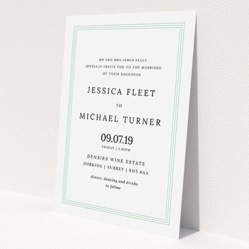 A personalised wedding invite template titled 'Border in Three'. It is an A5 invite in a portrait orientation. 'Border in Three' is available as a flat invite, with mainly blue colouring.