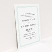A personalised wedding invite template titled "Border in Three". It is an A5 invite in a portrait orientation. "Border in Three" is available as a flat invite, with mainly blue colouring.
