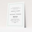 A personalised wedding invite template titled "Border in Three". It is an A5 invite in a portrait orientation. "Border in Three" is available as a flat invite, with mainly blue colouring.