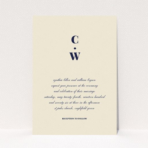 A personalised wedding invite design named "Bullet point". It is an A5 invite in a portrait orientation. "Bullet point" is available as a flat invite, with mainly cream colouring.
