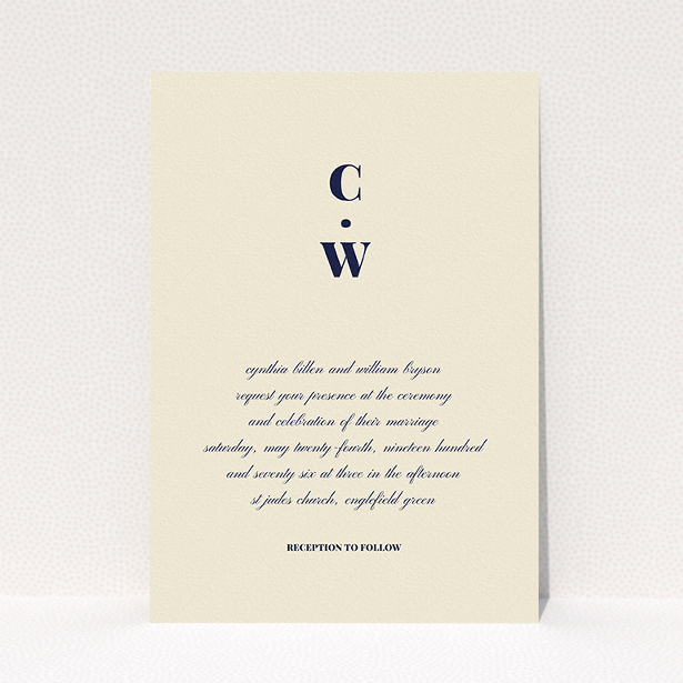 A personalised wedding invite design named "Bullet point". It is an A5 invite in a portrait orientation. "Bullet point" is available as a flat invite, with mainly cream colouring.