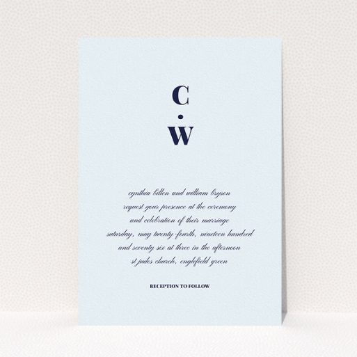A personalised wedding invite called "Bullet point". It is an A5 invite in a portrait orientation. "Bullet point" is available as a flat invite, with mainly light blue colouring.