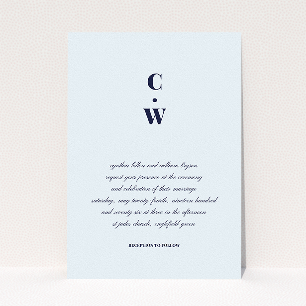 A personalised wedding invite called "Bullet point". It is an A5 invite in a portrait orientation. "Bullet point" is available as a flat invite, with mainly light blue colouring.