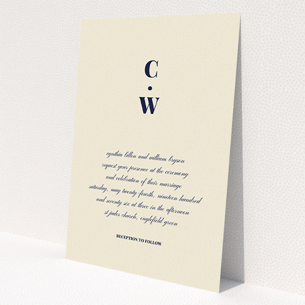 A personalised wedding invite design named 'Bullet point'. It is an A5 invite in a portrait orientation. 'Bullet point' is available as a flat invite, with mainly cream colouring.